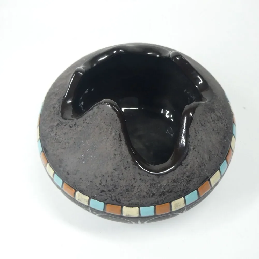 Black Ceramic Bowl Pot w/Blue Squares Geometric Signed Vtg MCM Blackware Native?